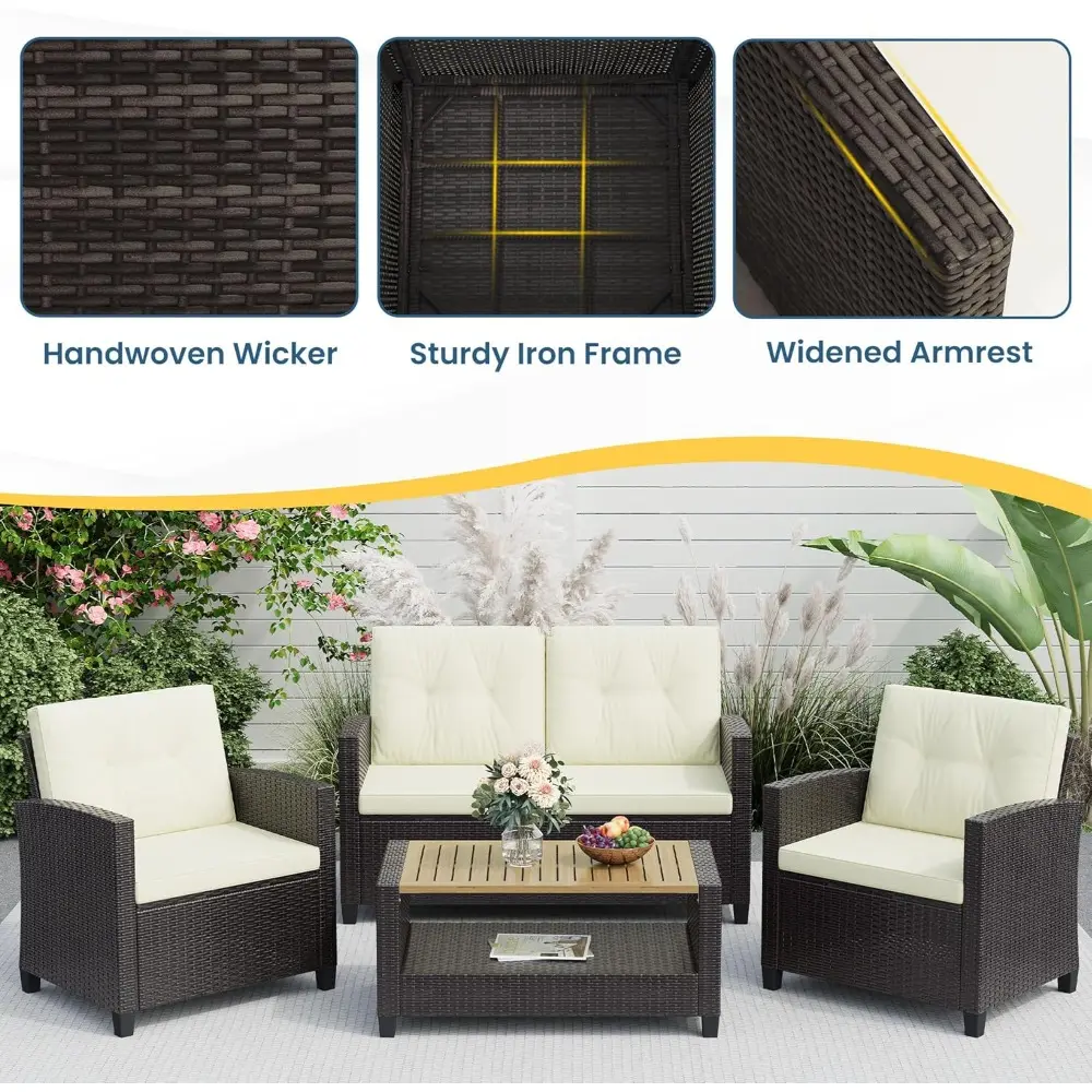 patio conversation sets, outdoor wicker furniture set, 4 pieces all weather contemporary grey rattan sofa with coffee table and
