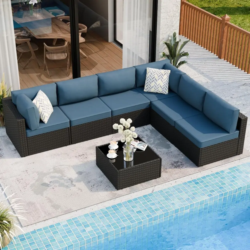 7 pieces outdoor patio sectional sofa couch, wicker furniture patio conversation sets with washable cushions & coffee table for