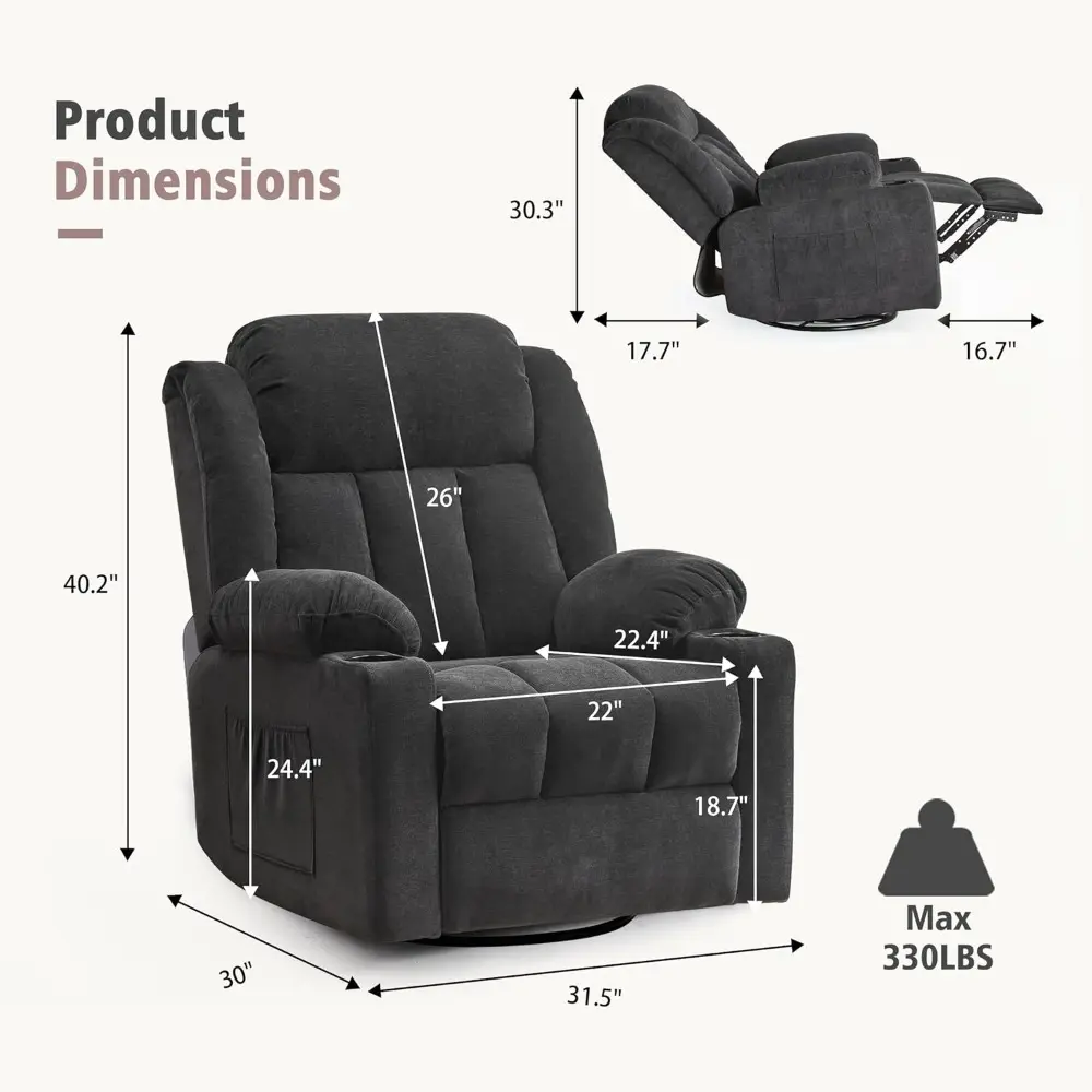 rocker swivel recliner chair for adults, overstuffed large manual recliner glider with massage and heat, comfy soft fabric livin