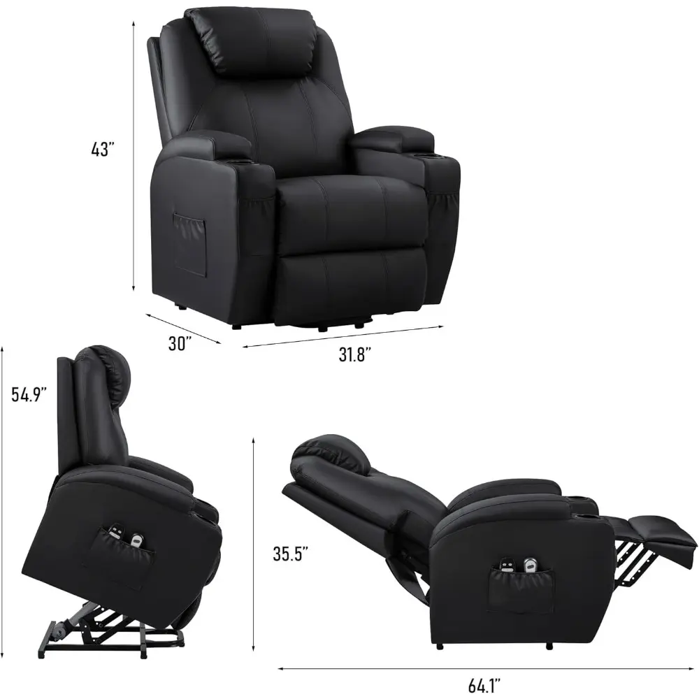 power lift recliner chair with massage for elderly pu leather modern reclining sofa chair with cup holders, remote control, adj