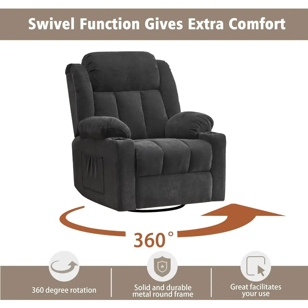 rocker swivel recliner chair for adults, overstuffed large manual recliner glider with massage and heat, comfy soft fabric livin