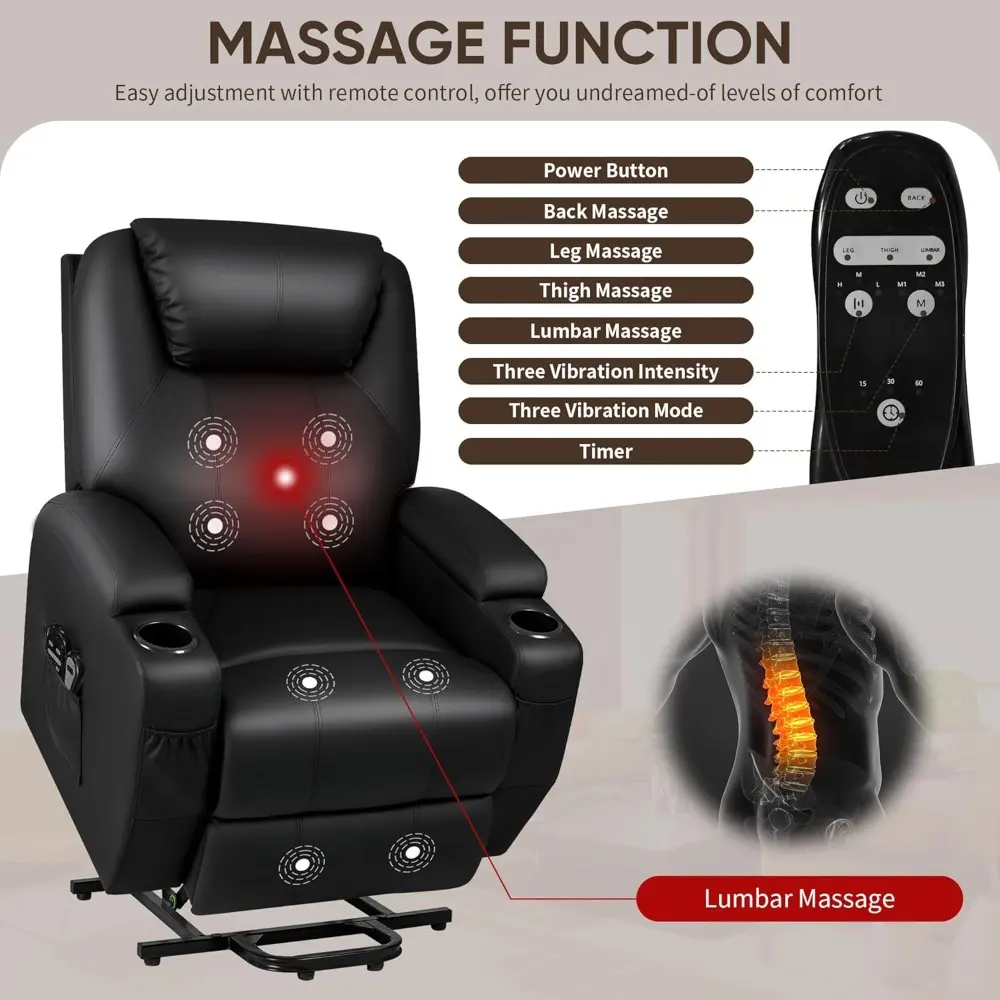 power lift recliner chair with massage for elderly pu leather modern reclining sofa chair with cup holders, remote control, adj