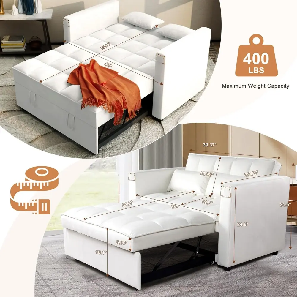convertible sofa bed,3-in-1 multi-functional velvet sleeper couch pull-out 48'' loveseat bed chaise lounge with adjustable back