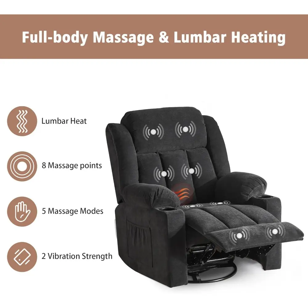 rocker swivel recliner chair for adults, overstuffed large manual recliner glider with massage and heat, comfy soft fabric livin