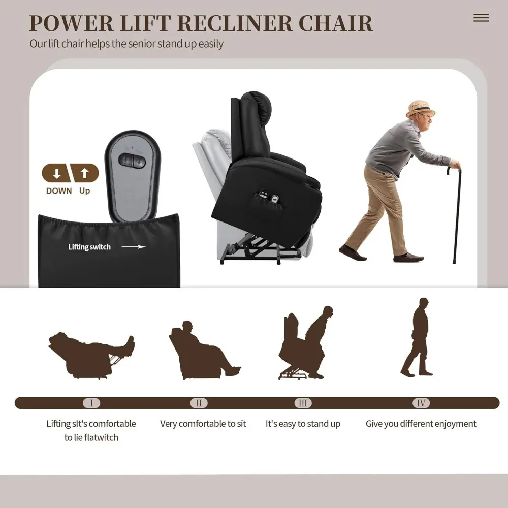 power lift recliner chair with massage for elderly pu leather modern reclining sofa chair with cup holders, remote control, adj
