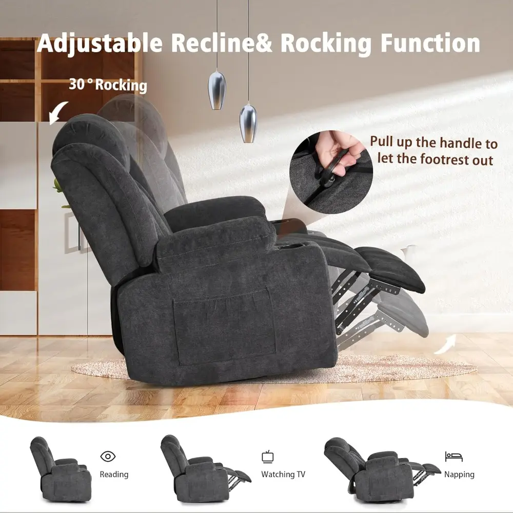 rocker swivel recliner chair for adults, overstuffed large manual recliner glider with massage and heat, comfy soft fabric livin