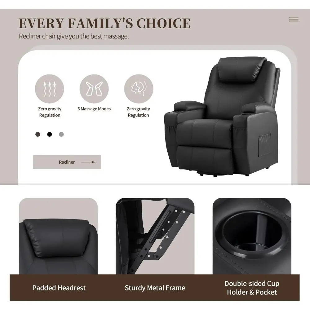 power lift recliner chair with massage for elderly pu leather modern reclining sofa chair with cup holders, remote control, adj