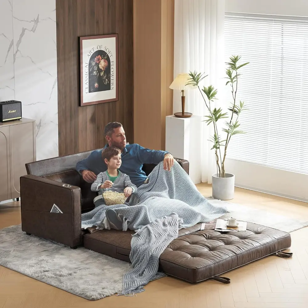 upgraded 64" w 84" l full size futon sofa bed, 6" thick upholstery rustic microfiber loveseat sofa sleeper pull out couch,conve