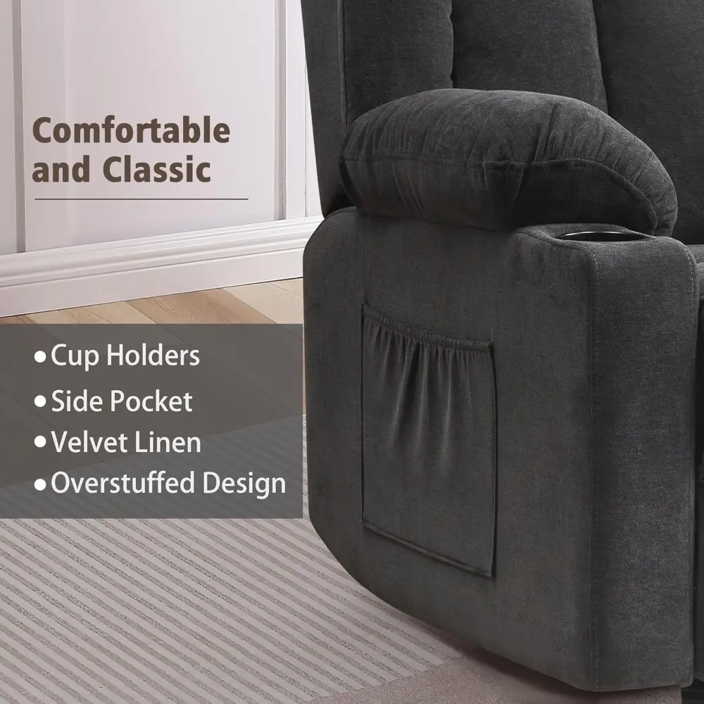 rocker swivel recliner chair for adults, overstuffed large manual recliner glider with massage and heat, comfy soft fabric livin