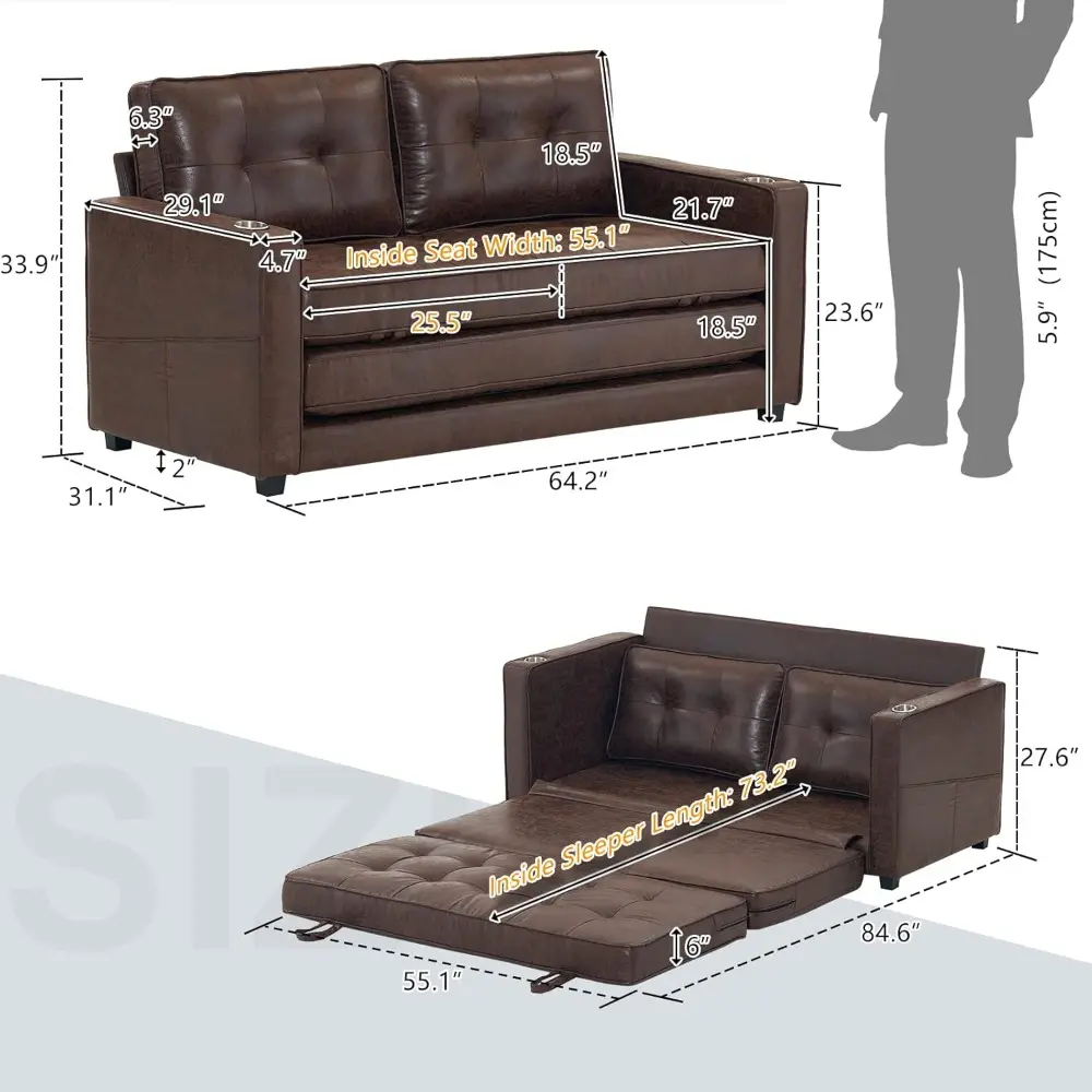 upgraded 64" w 84" l full size futon sofa bed, 6" thick upholstery rustic microfiber loveseat sofa sleeper pull out couch,conve