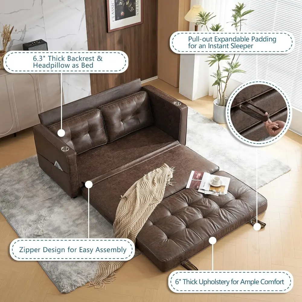 upgraded 64" w 84" l full size futon sofa bed, 6" thick upholstery rustic microfiber loveseat sofa sleeper pull out couch,conve