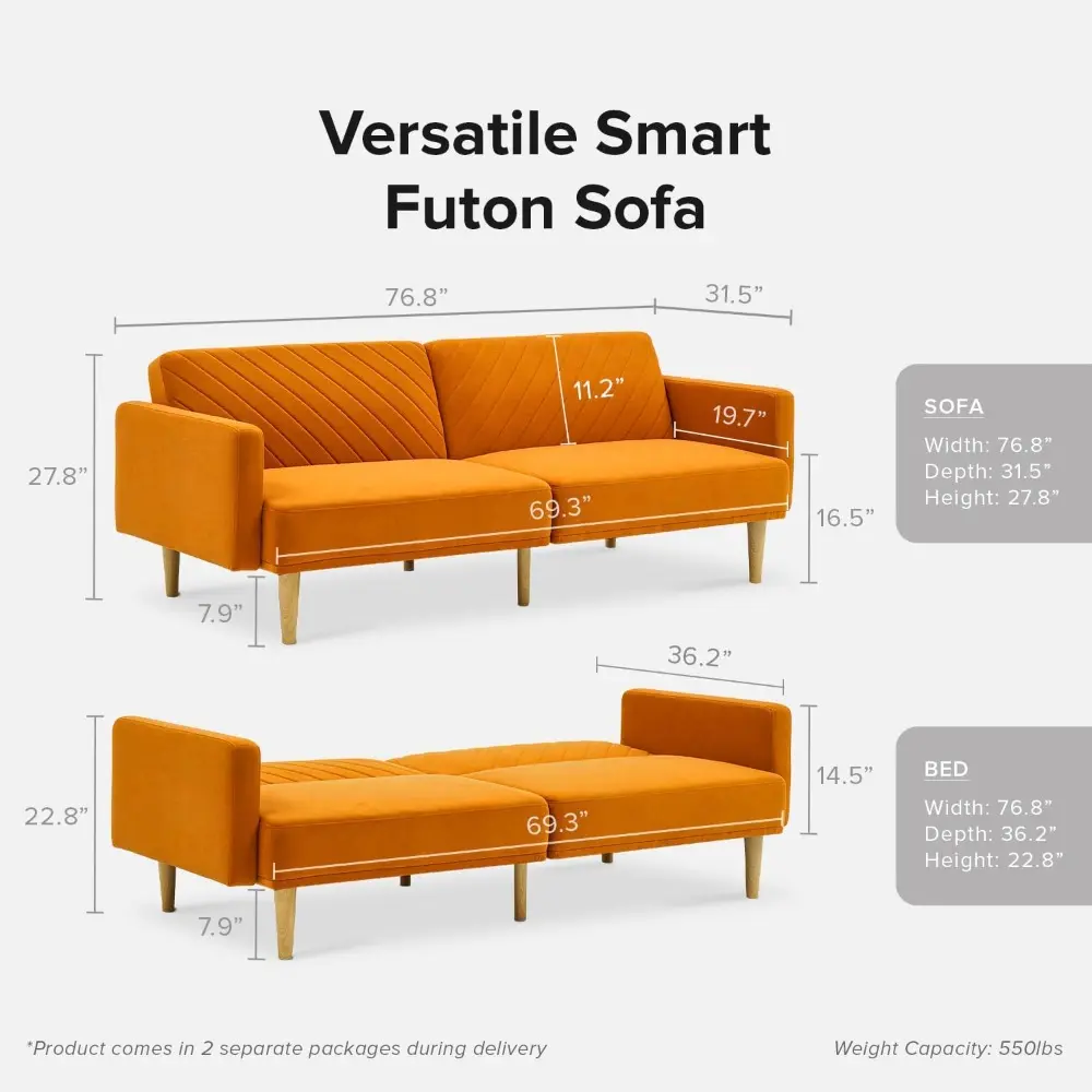 76.8" futon sofa bed, small couch, sleeper, loveseat, mid century modern futon couch, sofa cama, couches for living room (apric