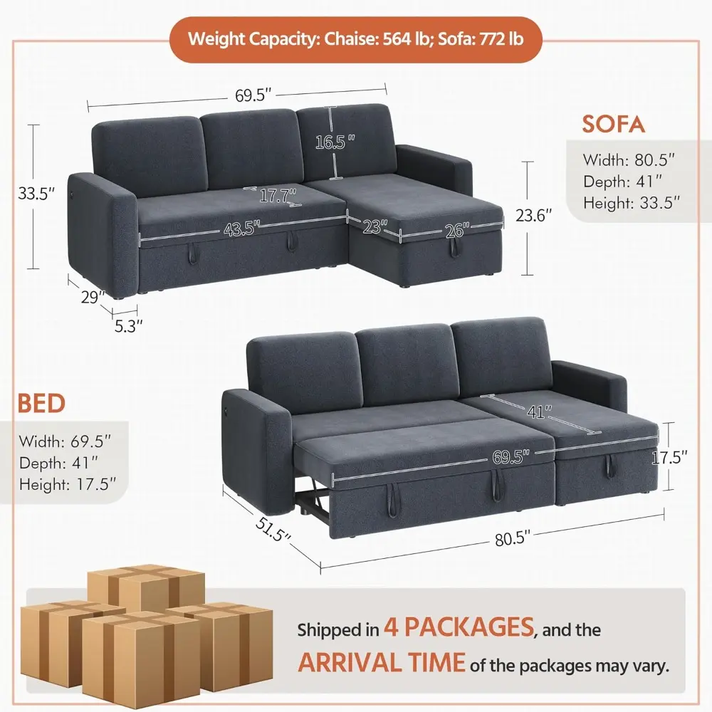 sectional sofa l-shaped sofa couch bed w/chaise & usb, reversible couch sleeper w/pull out bed & storage space living room dark