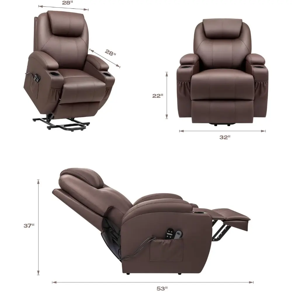 electric power lift recliner chair for elderly reclining sofa for living room with massage, side pockets and cup holders (leath