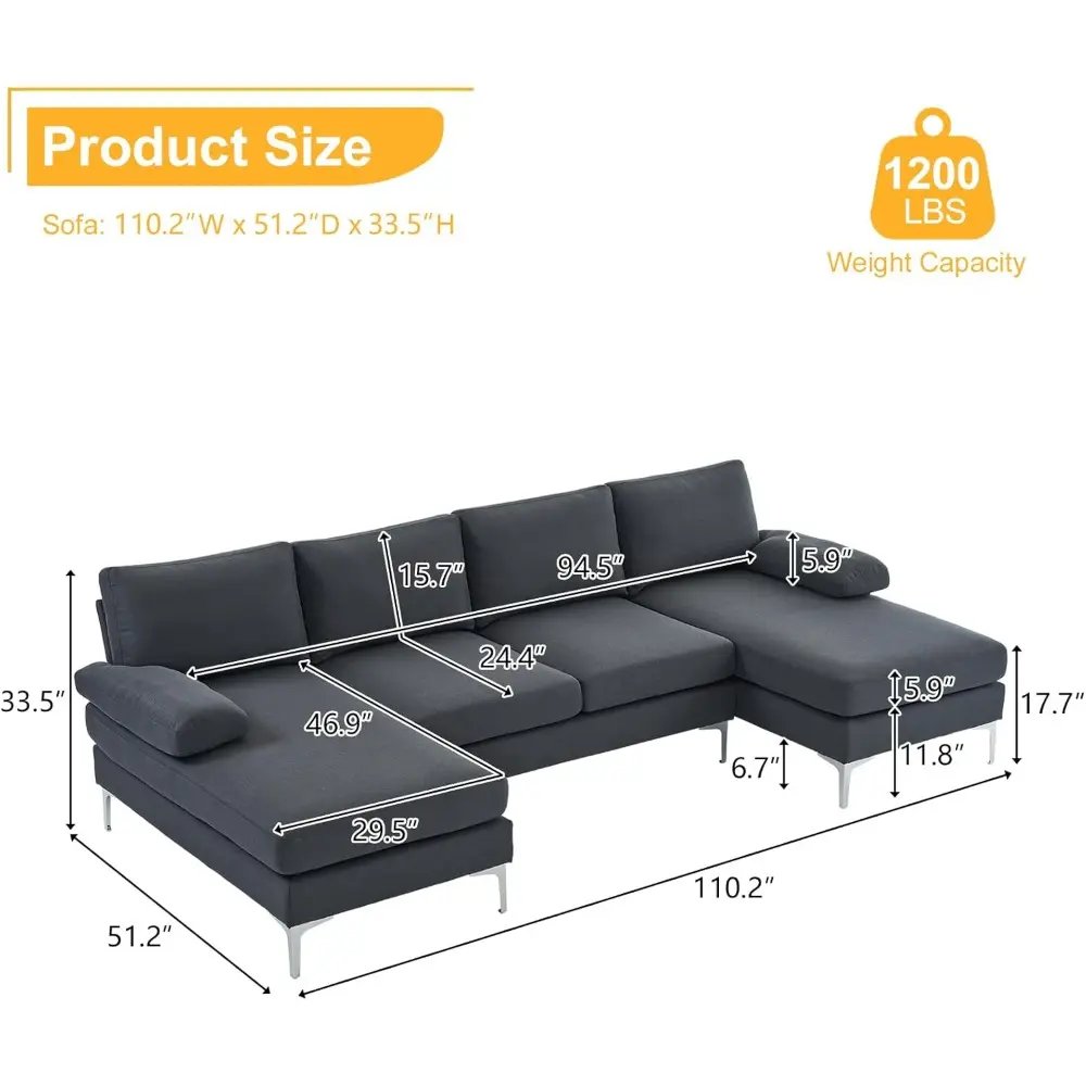 convertible sectional sofa 110" u-shape sofa couch 4-seat couch with chaise fabric upholstered for living room, apartment, offi