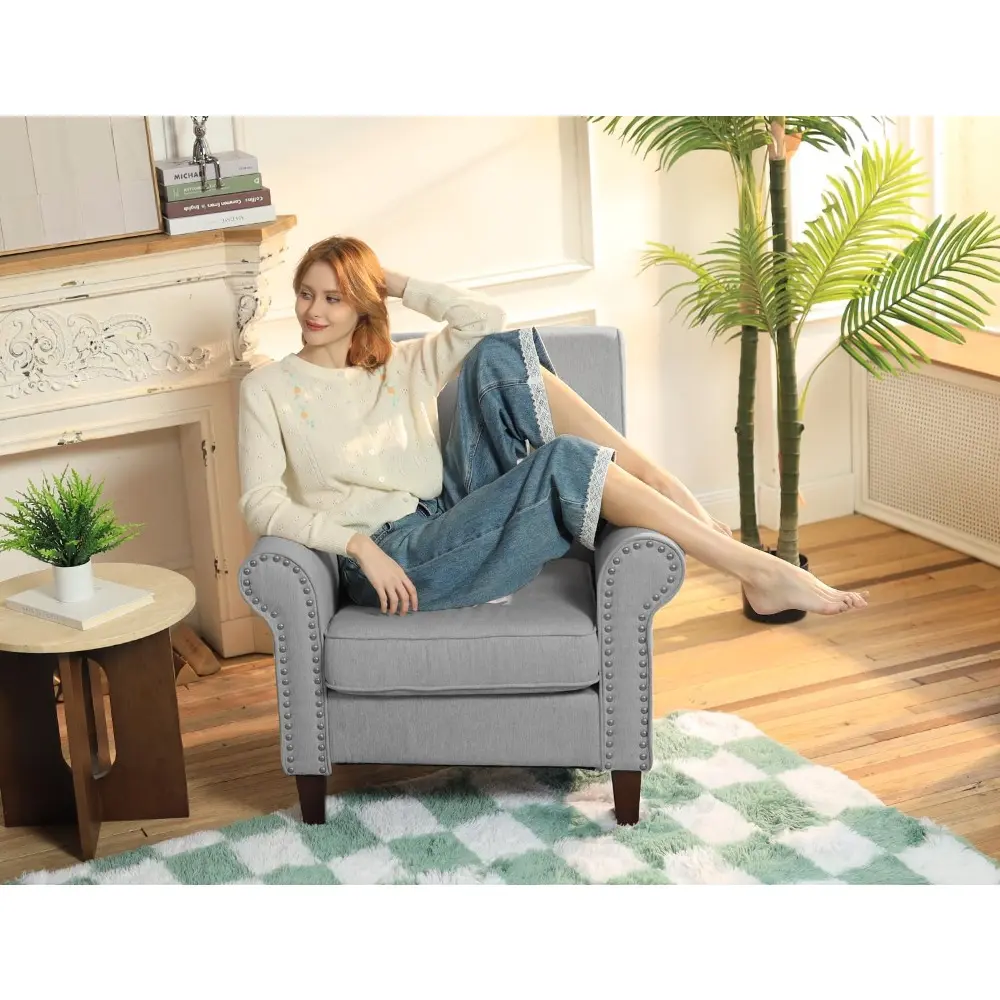 comfy accent chair set of 2, mid-century modern fabric living room chair reading chair with soft cushion, nailhead trim & rolle