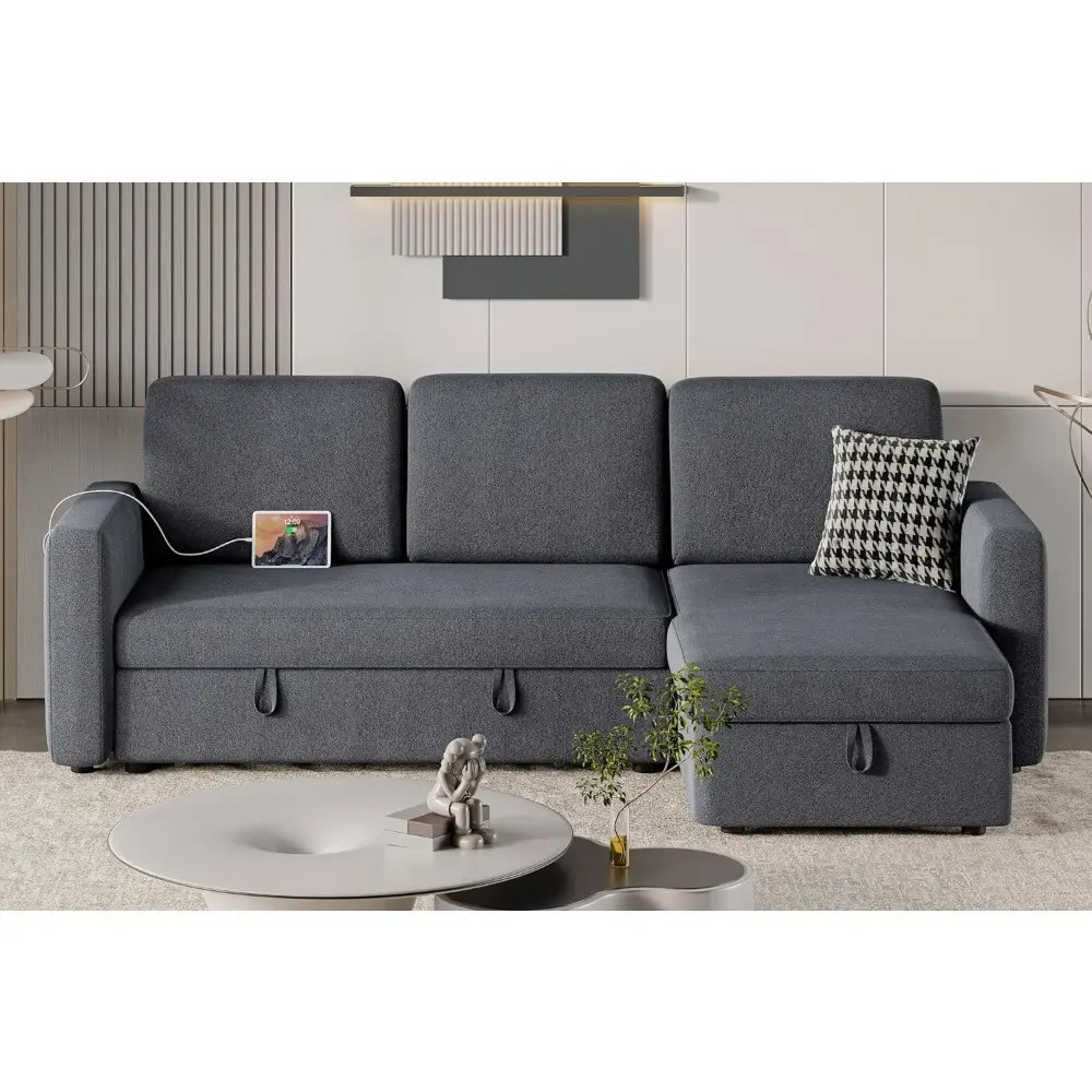 sectional sofa l-shaped sofa couch bed w/chaise & usb, reversible couch sleeper w/pull out bed & storage space living room dark