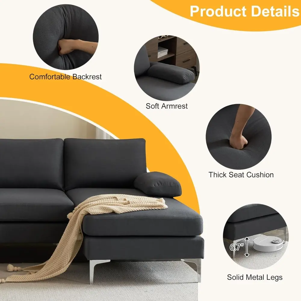 convertible sectional sofa 110" u-shape sofa couch 4-seat couch with chaise fabric upholstered for living room, apartment, offi