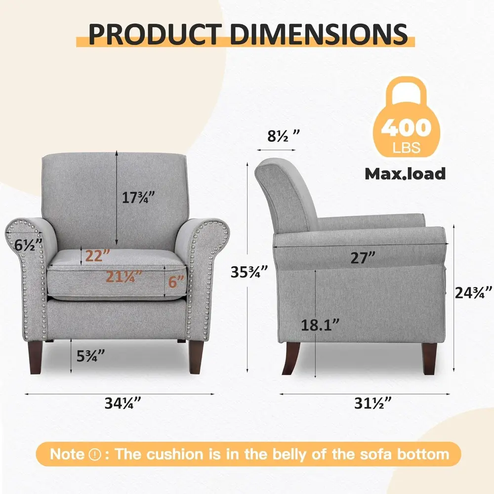 comfy accent chair set of 2, mid-century modern fabric living room chair reading chair with soft cushion, nailhead trim & rolle