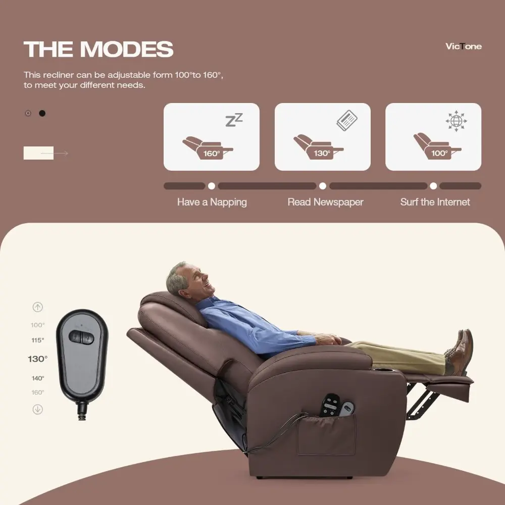 electric power lift recliner chair for elderly reclining sofa for living room with massage, side pockets and cup holders (leath