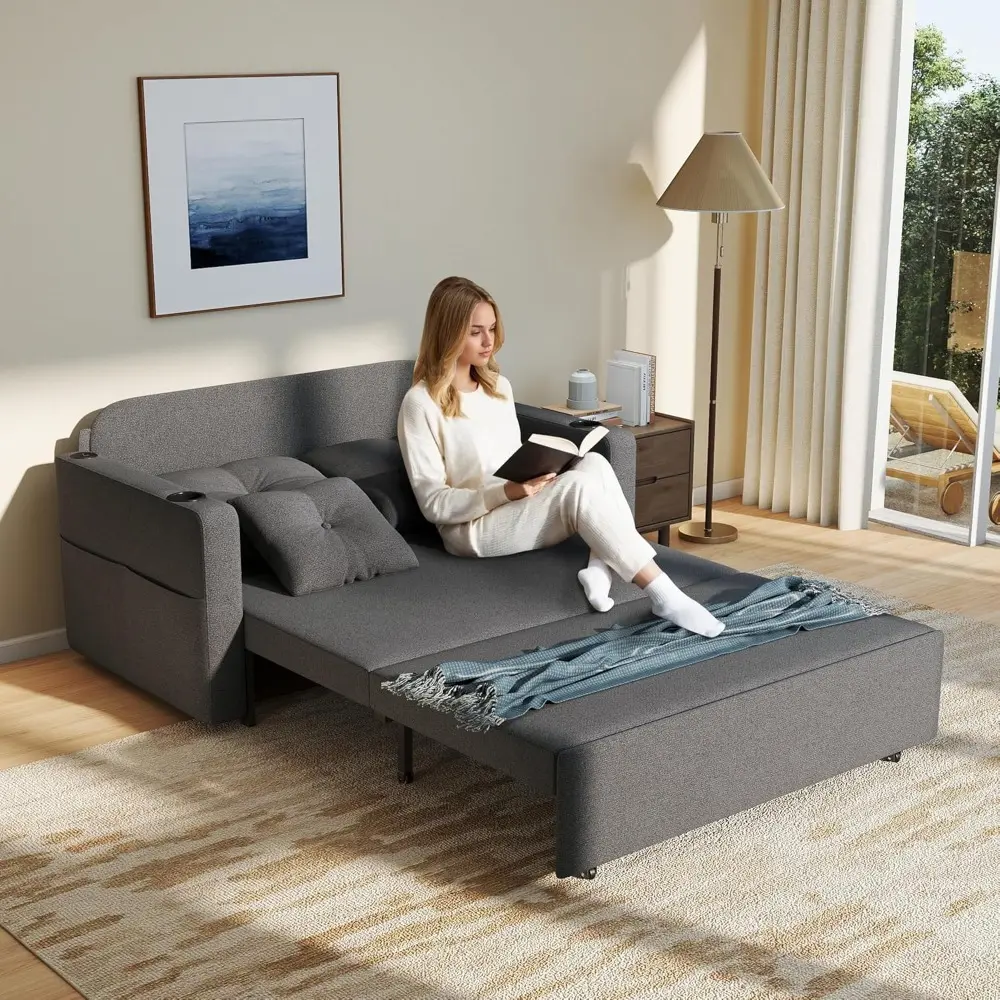 3 in 1 pull out couch, 56 inch convertible sleeper sofa bed, loveseat sofa with cup holders, usb, sofa couches for living room,