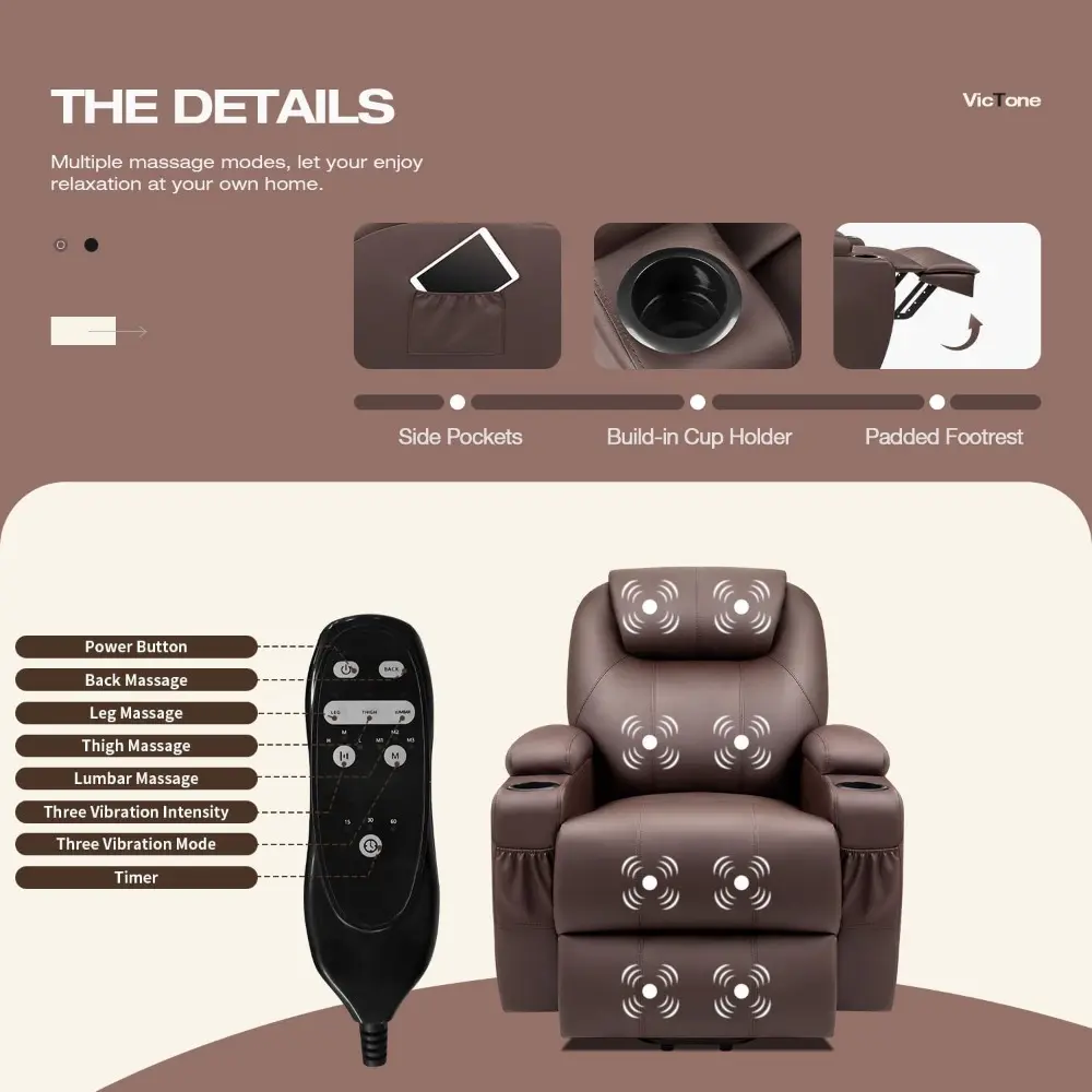 electric power lift recliner chair for elderly reclining sofa for living room with massage, side pockets and cup holders (leath