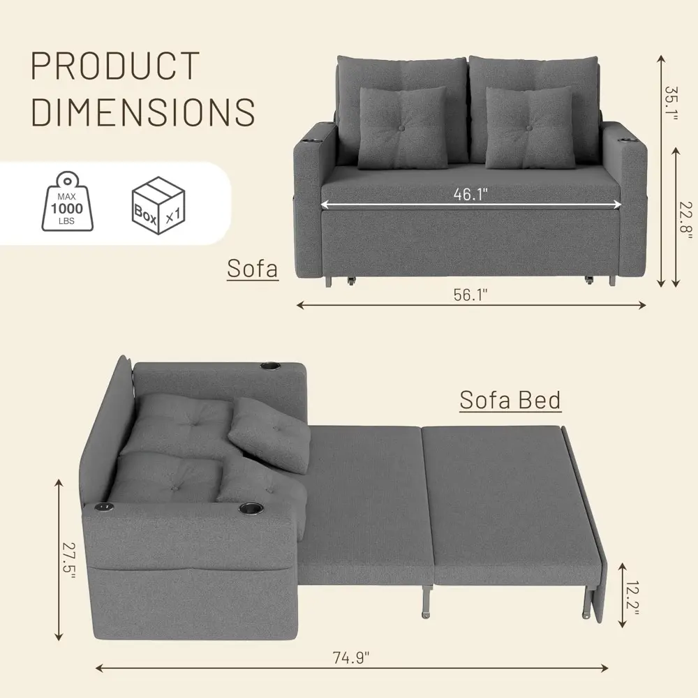 3 in 1 pull out couch, 56 inch convertible sleeper sofa bed, loveseat sofa with cup holders, usb, sofa couches for living room,
