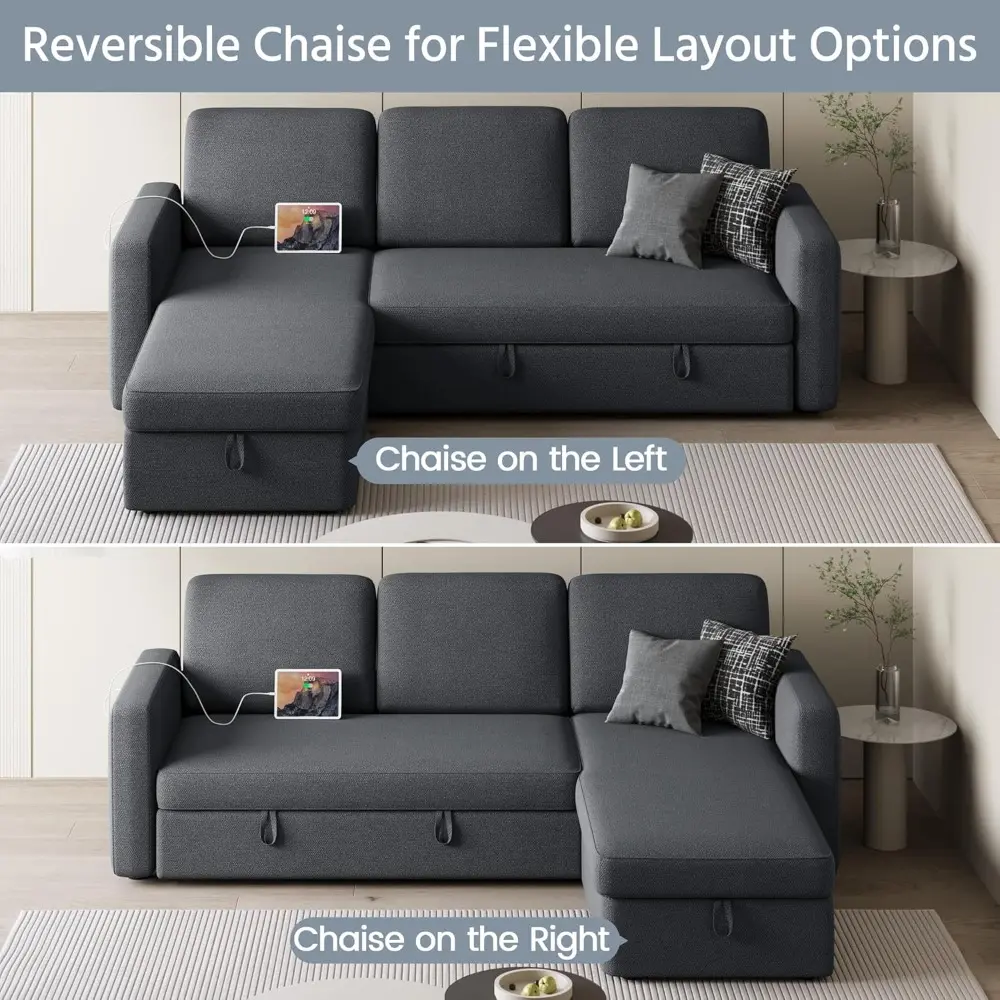sectional sofa l-shaped sofa couch bed w/chaise & usb, reversible couch sleeper w/pull out bed & storage space living room dark