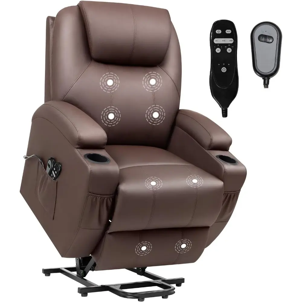 electric power lift recliner chair for elderly reclining sofa for living room with massage, side pockets and cup holders (leath