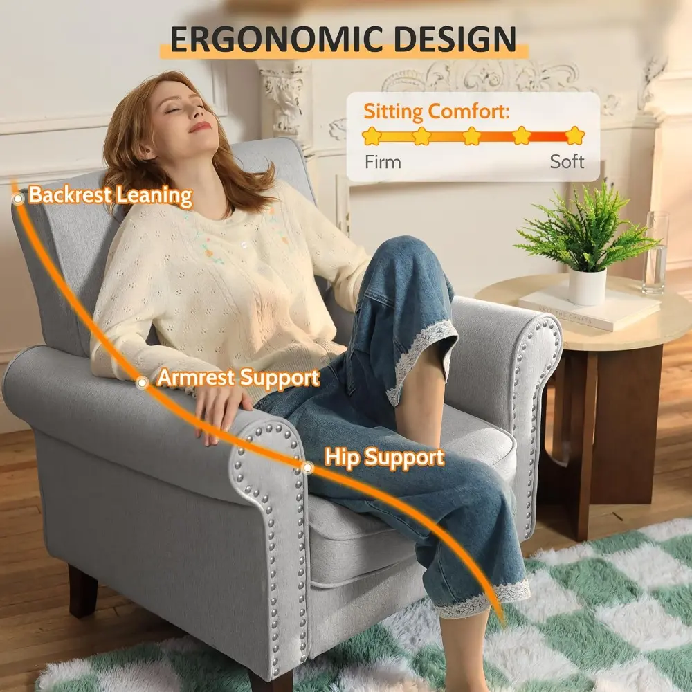 comfy accent chair set of 2, mid-century modern fabric living room chair reading chair with soft cushion, nailhead trim & rolle