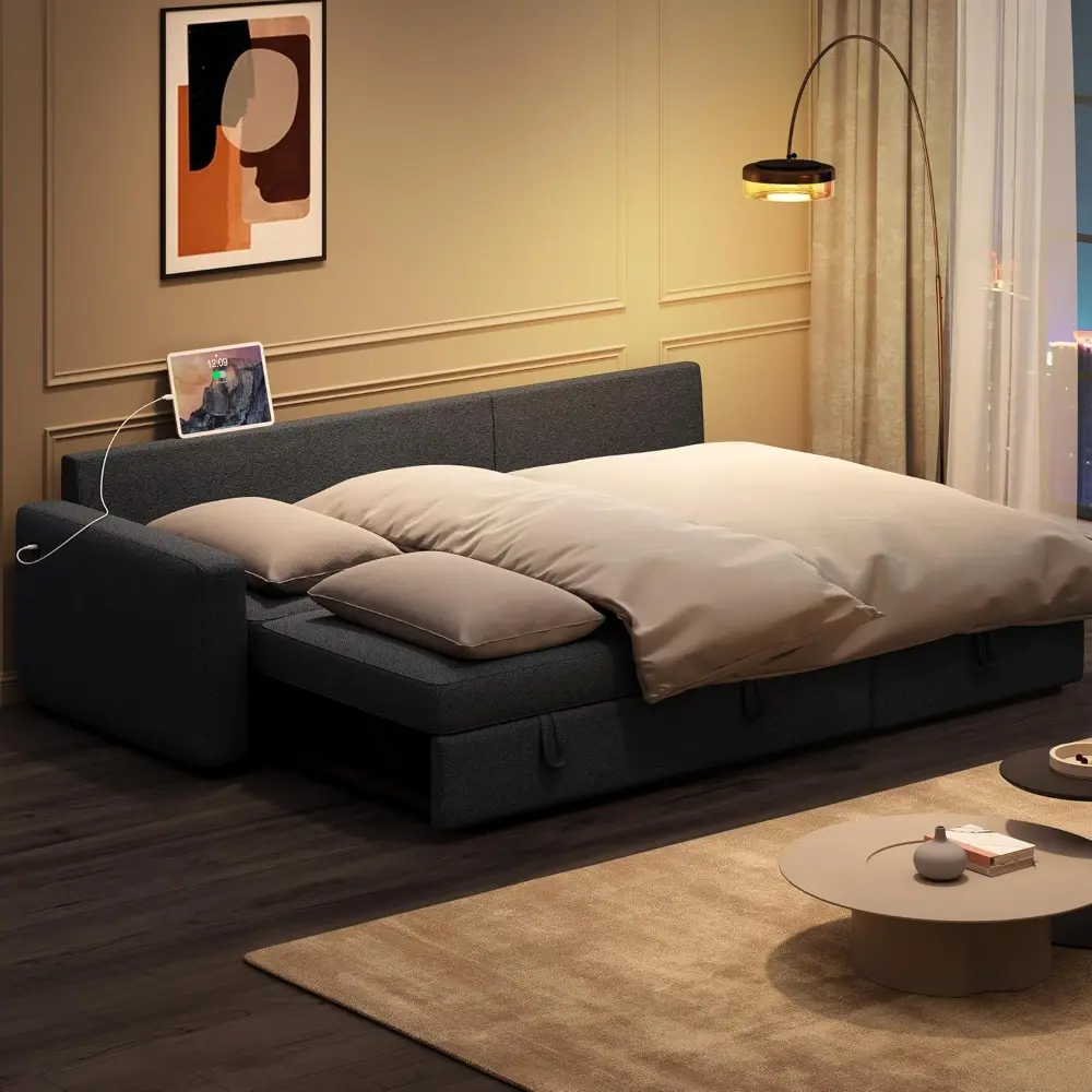 sectional sofa l-shaped sofa couch bed w/chaise & usb, reversible couch sleeper w/pull out bed & storage space living room dark