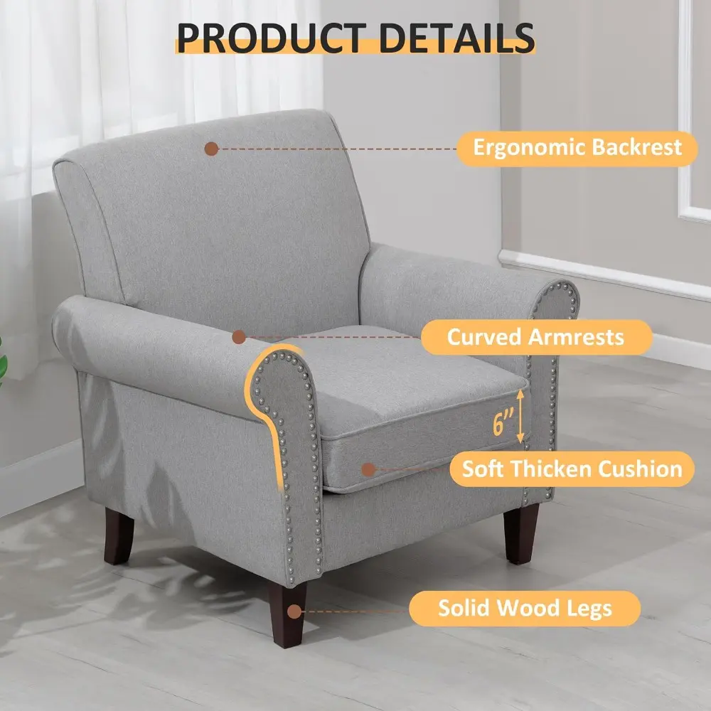 comfy accent chair set of 2, mid-century modern fabric living room chair reading chair with soft cushion, nailhead trim & rolle