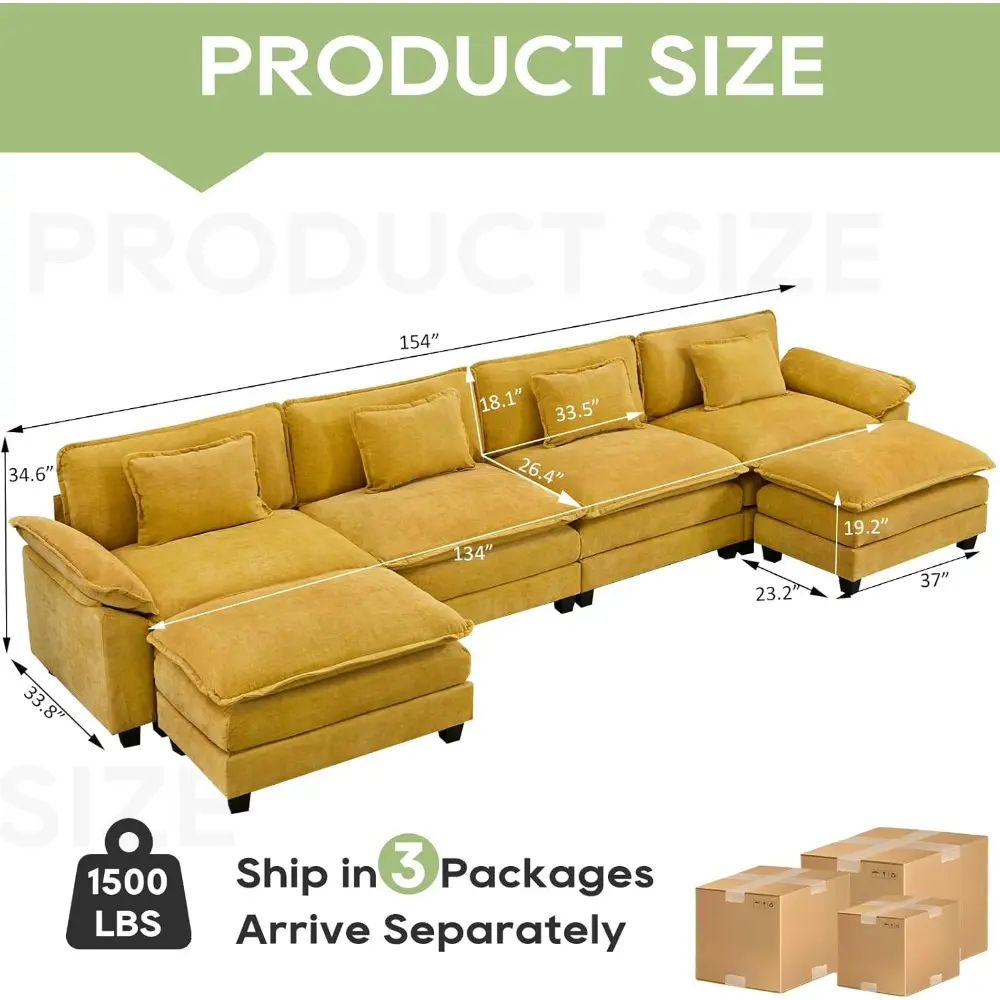 154" modular sectional sofa, comfy cloud couch sectional sofa with ottoman, chenille sofa sleeper deep seat sofa with throw pill