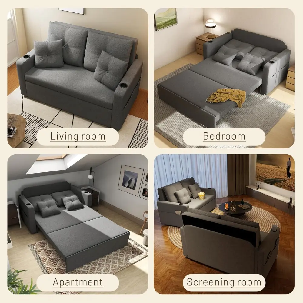 3 in 1 pull out couch, 56 inch convertible sleeper sofa bed, loveseat sofa with cup holders, usb, sofa couches for living room,