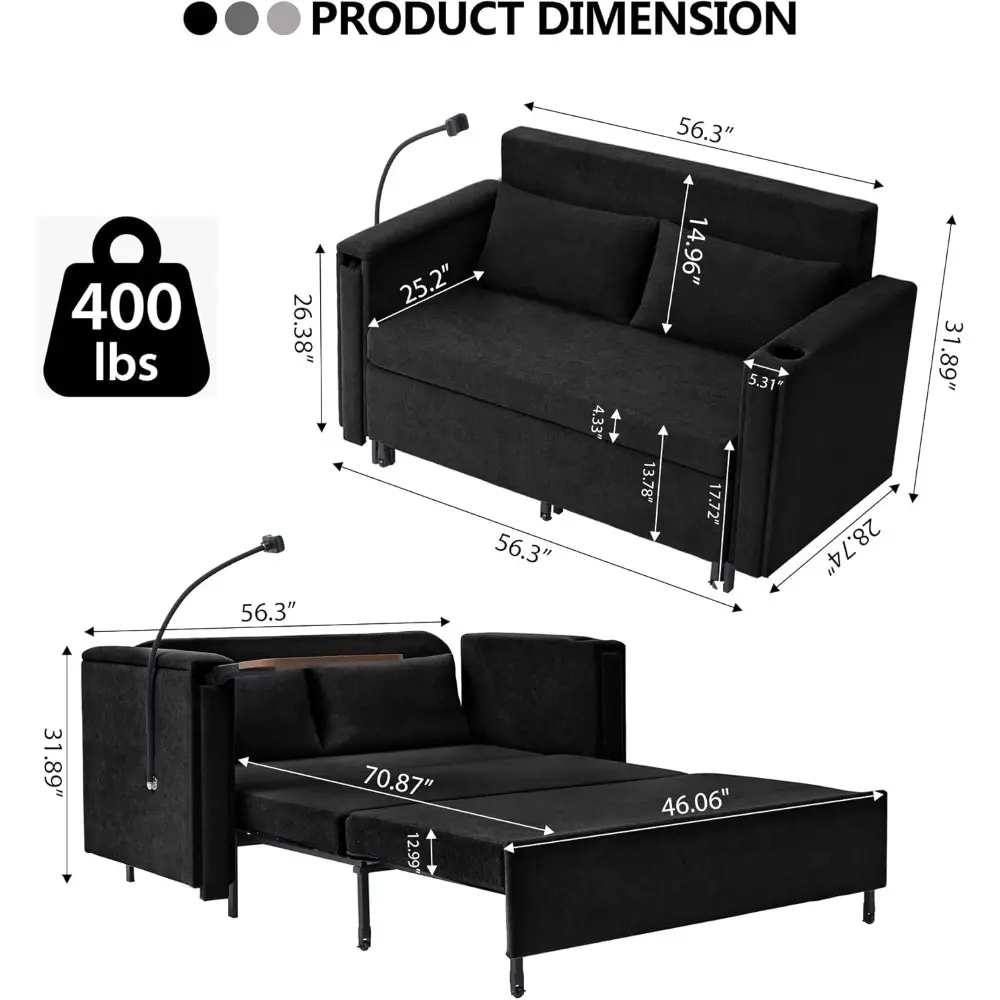 pull out sofa bed, 2-in-1 multi-functional sleeper couch small loveseat bed with hidden side table, phone holder and cup holder