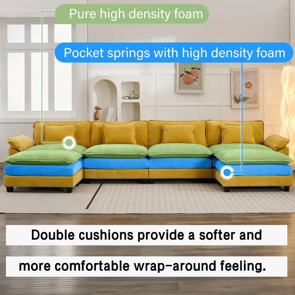 154" modular sectional sofa, comfy cloud couch sectional sofa with ottoman, chenille sofa sleeper deep seat sofa with throw pill