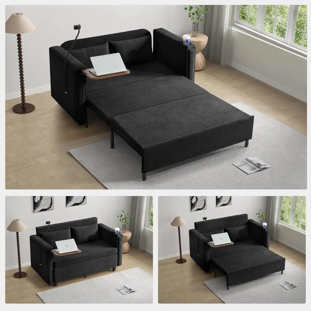 pull out sofa bed, 2-in-1 multi-functional sleeper couch small loveseat bed with hidden side table, phone holder and cup holder