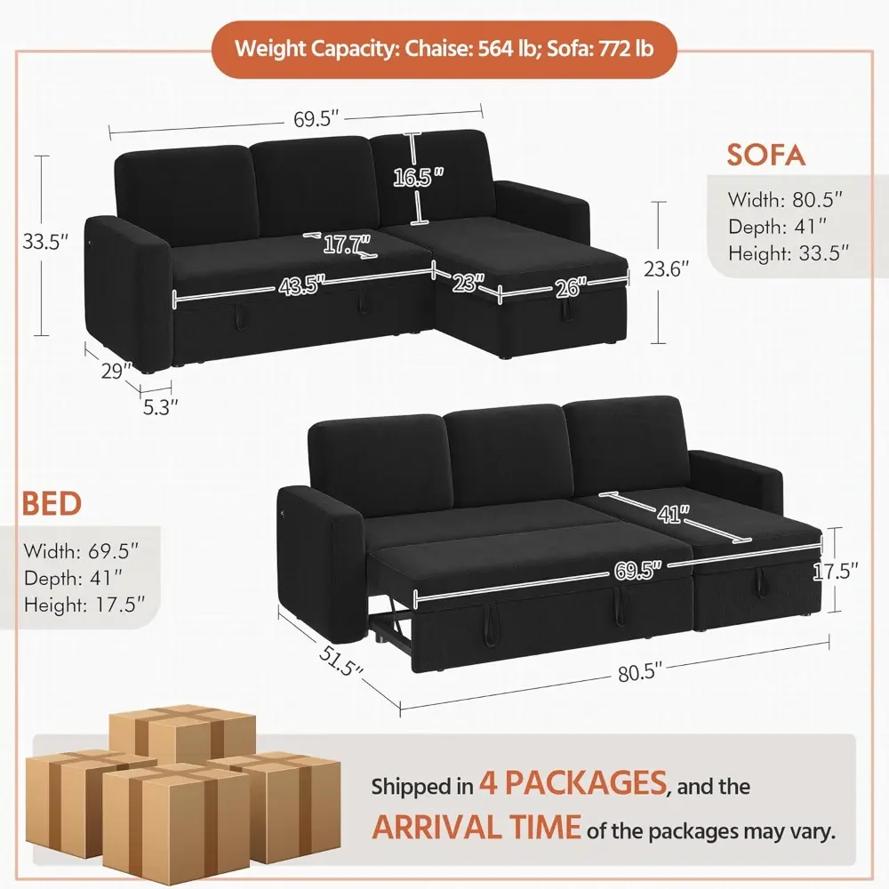 sectional sofa l-shaped sofa couch bed w/chaise & usb, reversible couch sleeper w/pull out bed & storage space living room blac
