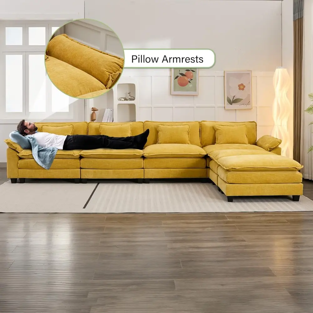 154" modular sectional sofa, comfy cloud couch sectional sofa with ottoman, chenille sofa sleeper deep seat sofa with throw pill