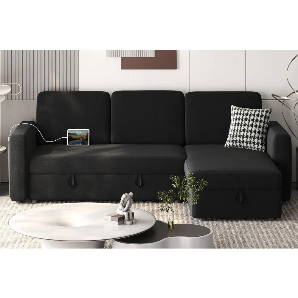 sectional sofa l-shaped sofa couch bed w/chaise & usb, reversible couch sleeper w/pull out bed & storage space living room blac