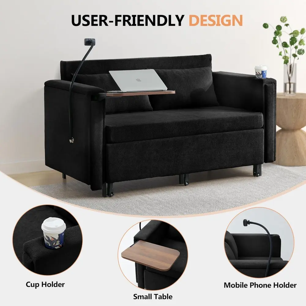 pull out sofa bed, 2-in-1 multi-functional sleeper couch small loveseat bed with hidden side table, phone holder and cup holder