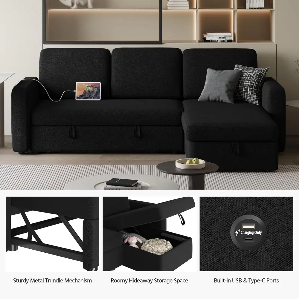 sectional sofa l-shaped sofa couch bed w/chaise & usb, reversible couch sleeper w/pull out bed & storage space living room blac