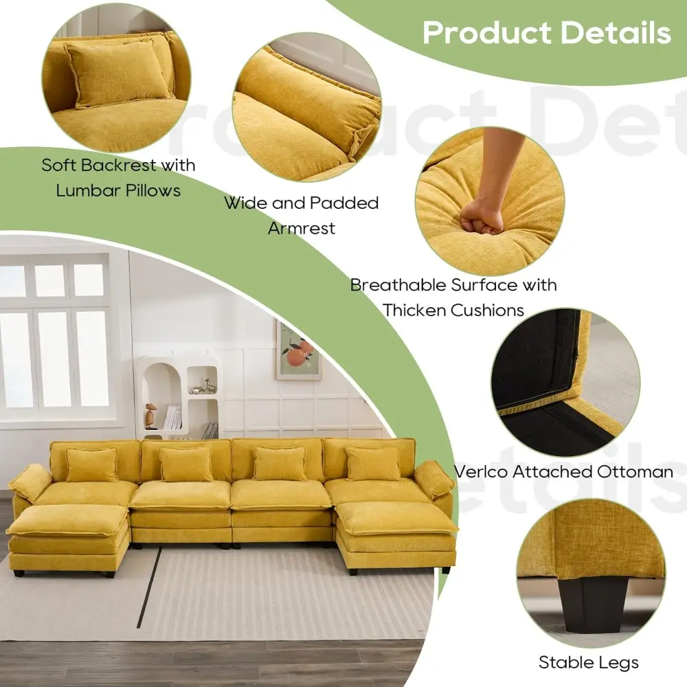 154" modular sectional sofa, comfy cloud couch sectional sofa with ottoman, chenille sofa sleeper deep seat sofa with throw pill