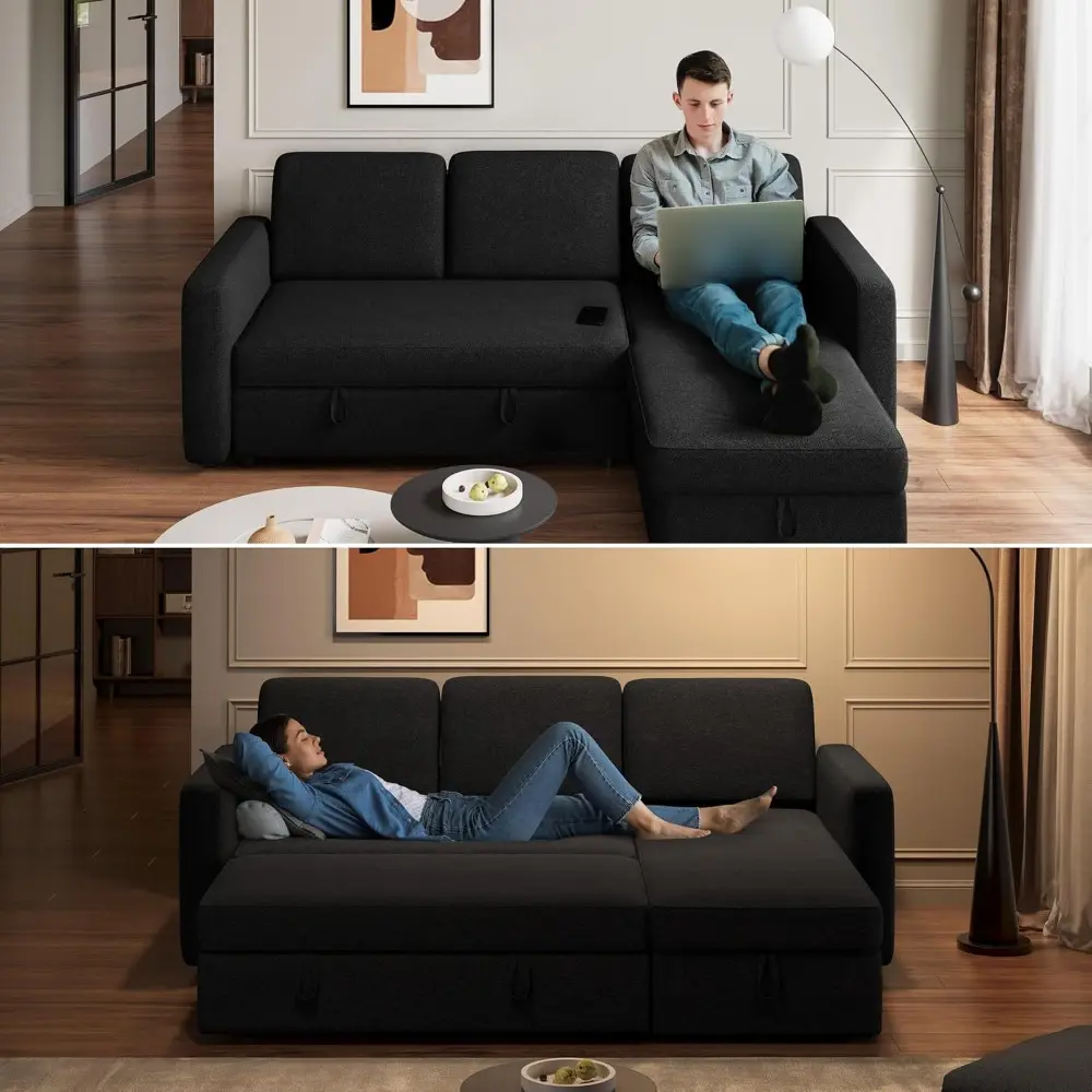 sectional sofa l-shaped sofa couch bed w/chaise & usb, reversible couch sleeper w/pull out bed & storage space living room blac