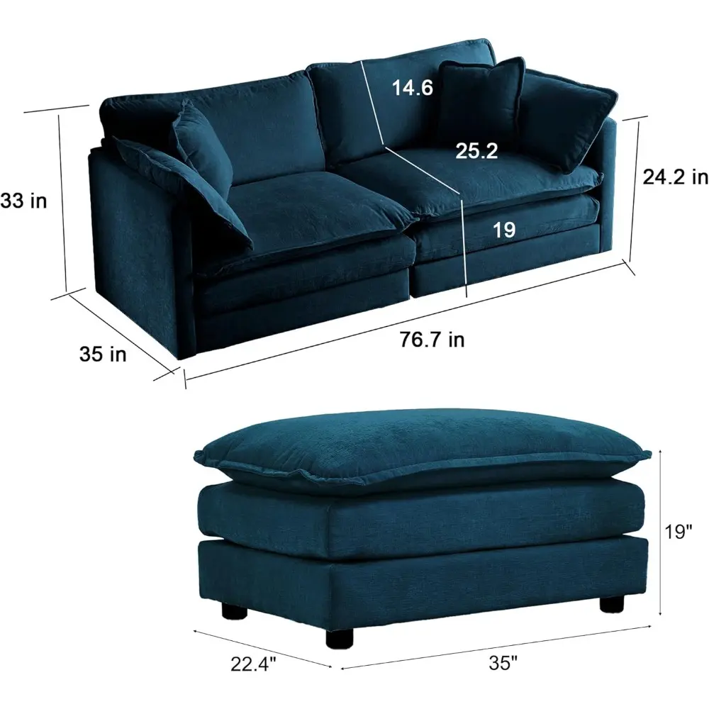deep seat sectional sofa cloud couch with ottoman, 76.7" modern chenille comfy upholstered modular sofa l shaped couch for livi