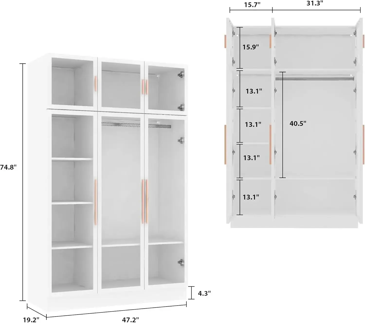 Bookcase Bookshelf with LED Lights, 5-Tier Shelves and 6 Glass Doors, 47.2" L Wooden Display Storage Cabinet with Hanging Bar