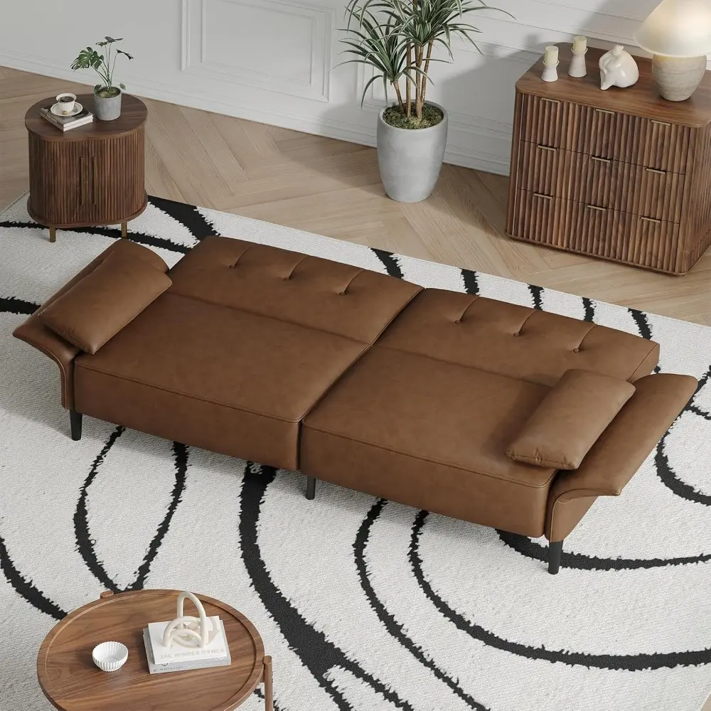 89” futon sofa bed, faux leather futon couch bed with 2 square pillows, convertible sleeper sofa with adjustable backrest& armre