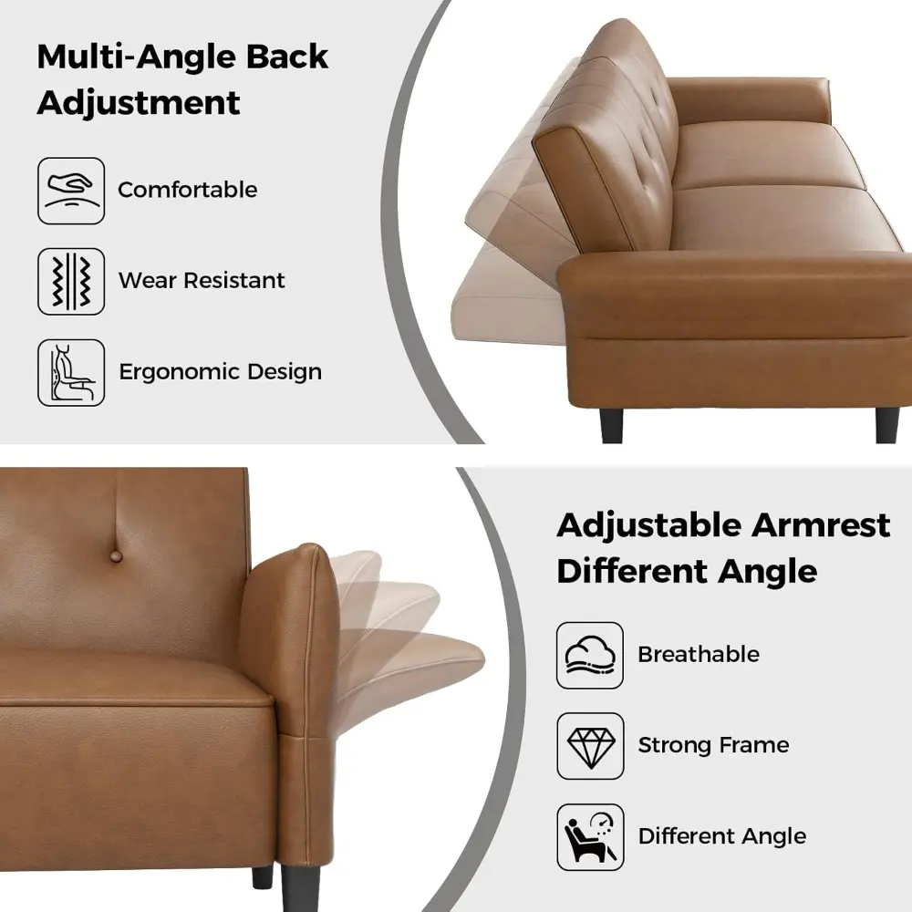 89” futon sofa bed, faux leather futon couch bed with 2 square pillows, convertible sleeper sofa with adjustable backrest& armre