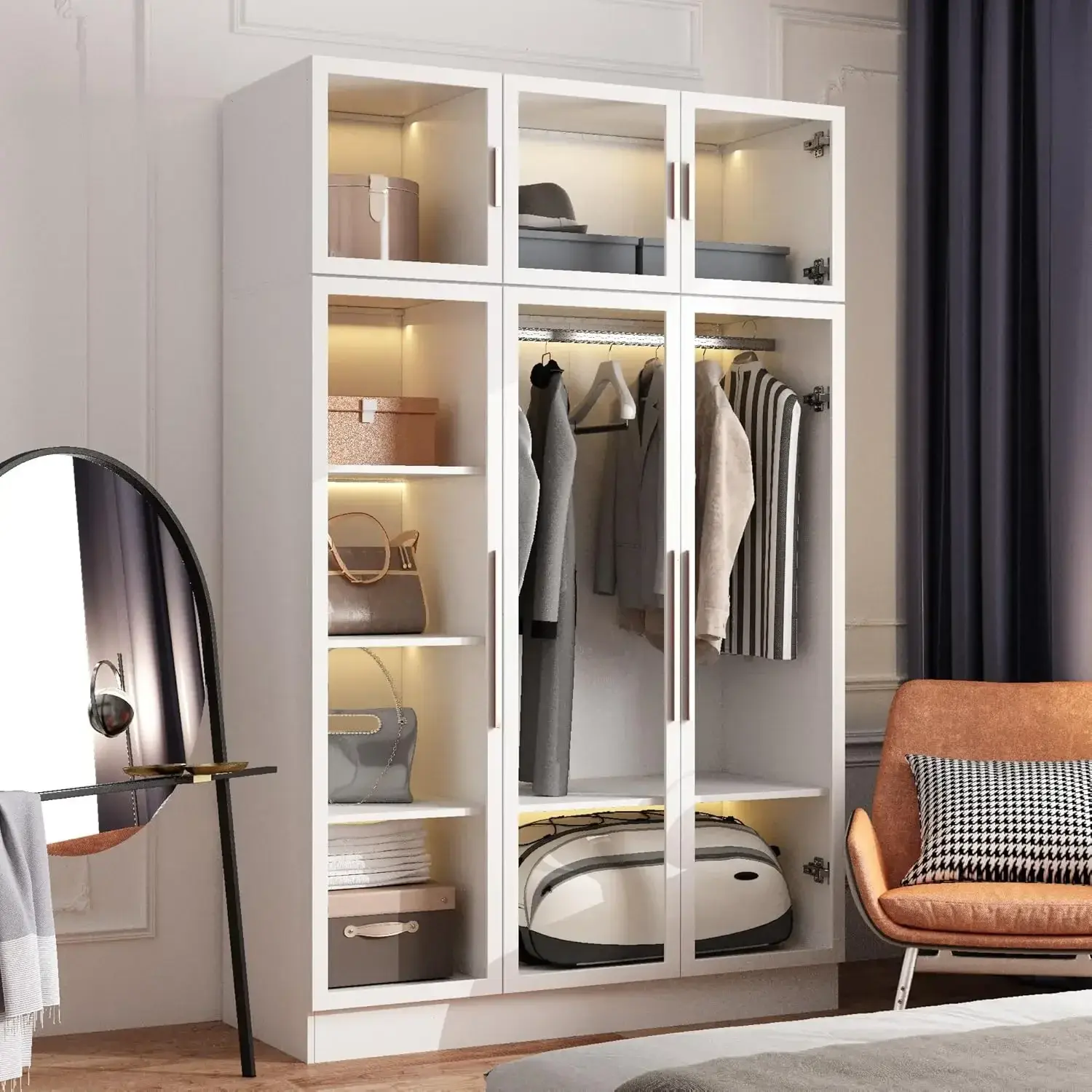 Bookcase Bookshelf with LED Lights, 5-Tier Shelves and 6 Glass Doors, 47.2" L Wooden Display Storage Cabinet with Hanging Bar