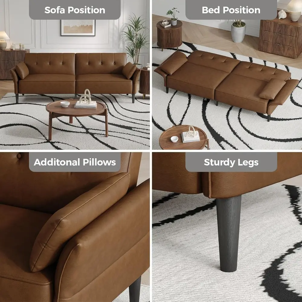 89” futon sofa bed, faux leather futon couch bed with 2 square pillows, convertible sleeper sofa with adjustable backrest& armre